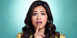 Gina Rodriguez as Jane Villanueva on Jane The Virgin, looking surprised and worried