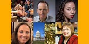 Images of Ali Stroker, Jonathan Murray, Nasreen Alkhateeb, Candace Cable, the capitol building, award statues, and Judith Heumann