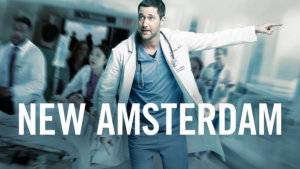 New Amsterdam key art with Ryan Eggold as Dr. Max Goodwin in scrubs walking down a hallway with other doctors in the background