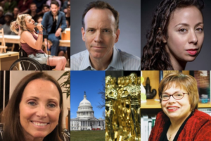 Images of Ali Stroker, Jonathan Murray, Nasreen Alkhateeb, Candace Cable, the capitol building, award statues, and Judith Heumann