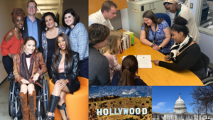 Images of diverse people with disabilities, the Hollywood sign, and the Capitol building