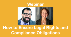 Headshots of Matan Koch and Tracie DeFreitas, both smiling. Text: Webinar How to Ensure Legal Rights and Compliance Obligations