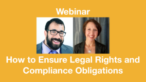 Headshots of Matan Koch and Tracie DeFreitas, both smiling. Text: Webinar How to Ensure Legal Rights and Compliance Obligations