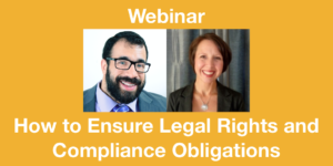 Headshots of Matan Koch and Tracie DeFreitas, both smiling. Text: Webinar How to Ensure Legal Rights and Compliance Obligations
