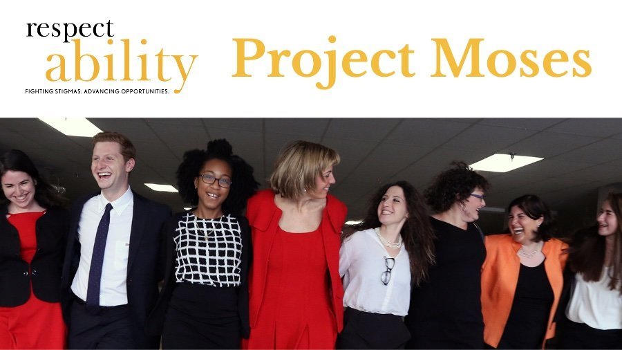 RespectAbility logo Fighting Stigmas Advancing Opportunities. Project Moses. RespectAbility Jewish staff and Fellows smile together with their arms around each other