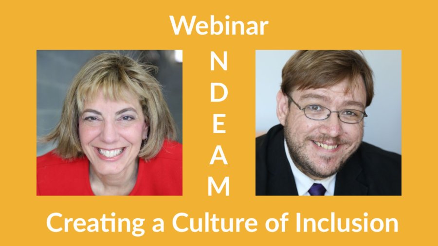 Headshots of Jennifer Laszlo Mizrahi and Philip Kahn-Pauli. Text: Webinar NDEAM Creating a Culture of Inclusion