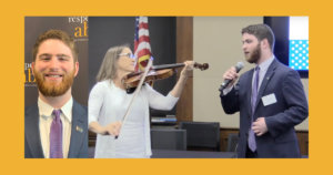 Photos of Adam Fishbein smiling in front of the RespectAbility banner and Adam Fishbein singing the national anthem in front of an American flag with Debbie Fink accompanying him on violin.
