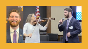 Photos of Adam Fishbein smiling in front of the RespectAbility banner and Adam Fishbein singing the national anthem in front of an American flag with Debbie Fink accompanying him on violin.