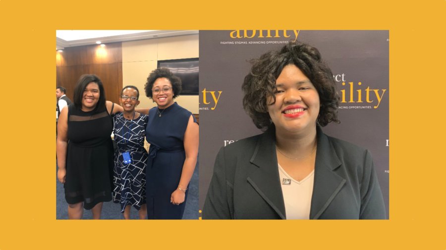 Photos of Angelica Vega, Laka Mitiku Negassa and Evelyn Kelley smiling with their arms around each other at RespectAbility's Summit, and Angelica Vega smiling in front of the RespectAbility banner