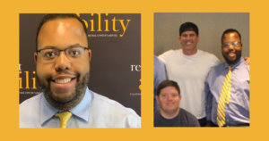 Photos of Anthony Brown smiling in front of the RespectAbility banner and Anthony Brown with Zack Gottsagen and Tyler Nilson of The Peanut Butter Falcon