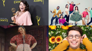 (clockwise) Images of Rachel Bloom holding up an Emmy statue on the red carpet, the Born This Way cast, Ryan O'Connell lying down in a field of flowers, and Jane Lynch in The Marvelous Mrs. Maisel