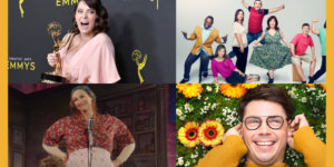 (clockwise) Images of Rachel Bloom holding up an Emmy statue on the red carpet, the Born This Way cast, Ryan O'Connell lying down in a field of flowers, and Jane Lynch in The Marvelous Mrs. Maisel