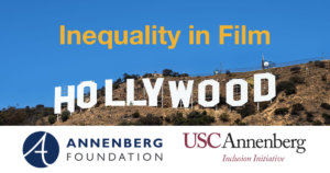 The Hollywood sign in front of a blue sky. Text: Inequality in Film. Logos for Annenberg foundation and USC Annenberg Inclusion Initiative