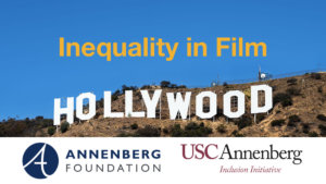 The Hollywood sign in front of a blue sky. Text: Inequality in Film. Logos for Annenberg foundation and USC Annenberg Inclusion Initiative