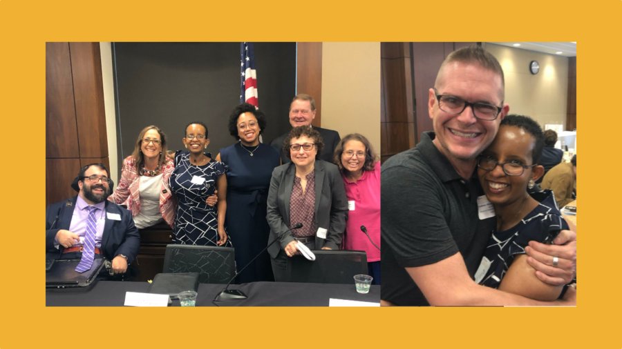 Photos of RespectAbility's Self Advocacy Panelists, including Laka Mitiku Negassa, together behind a table and Laka Mitiku Negassa hugging a man who helped her recover from her brain injury at RespectAbility's 2019 summit