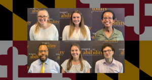 6 Maryland Fellows in individual portraits smiling in front of the RespectAbility banner. Maryland flag in background