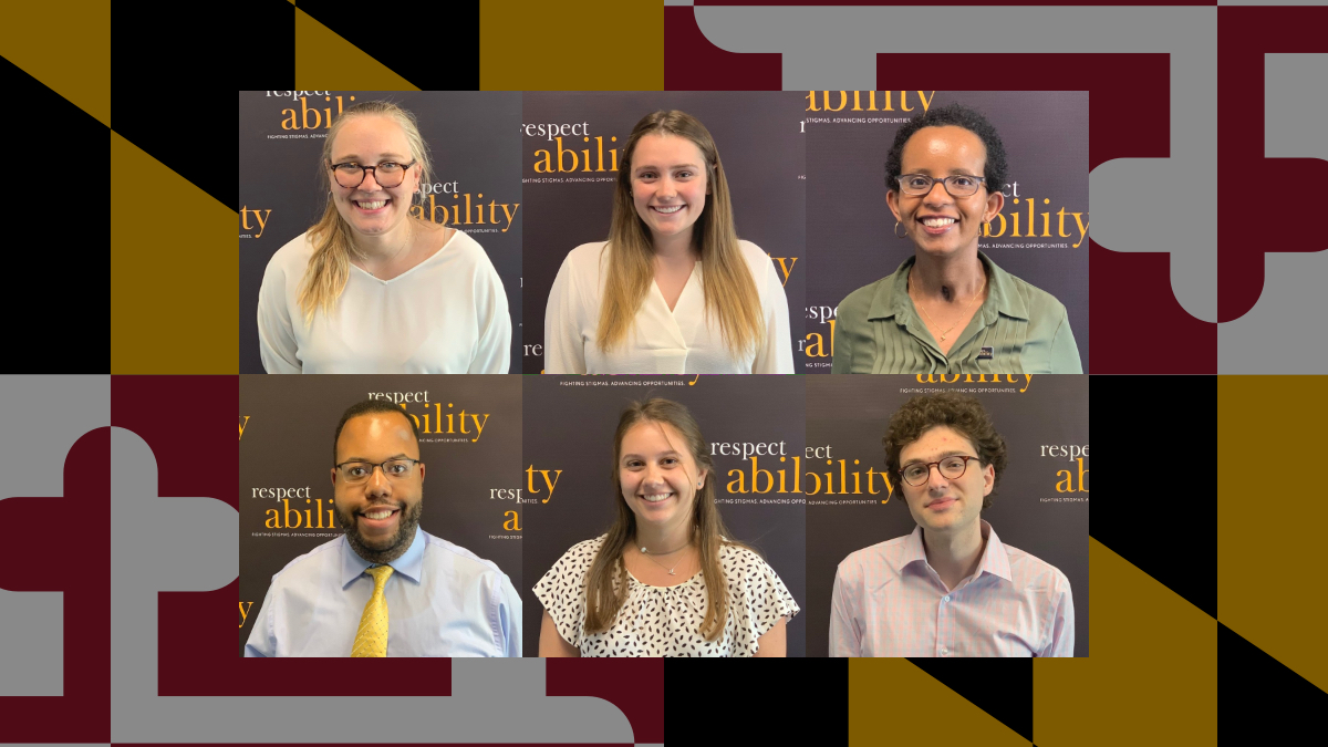 6 Maryland Fellows in individual portraits smiling in front of the RespectAbility banner. Maryland flag in background