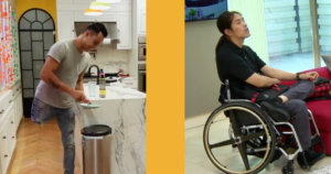 Separate images of Emilio, who is an amputee, inside a kitchen on The Real World Mexico, and Pao, who is a wheelchair user, inside a living room on The Real World Thailand