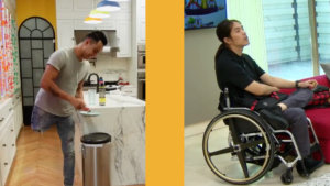 Separate images of Emilio, who is an amputee, inside a kitchen on The Real World Mexico, and Pao, who is a wheelchair user, inside a living room on The Real World Thailand