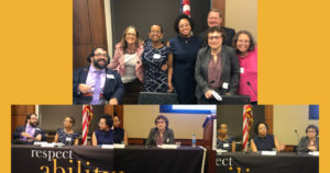 Image of self advocacy panelists smiling together and three separate images of panelists speaking