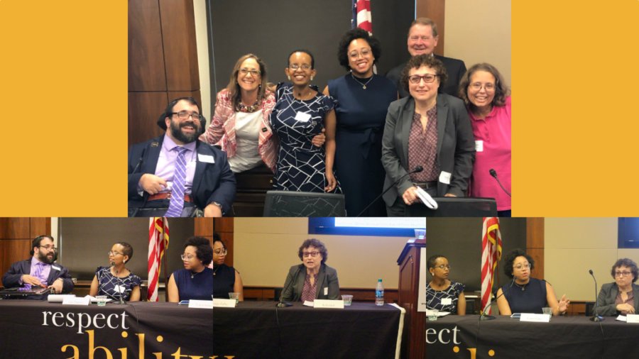 Image of self advocacy panelists smiling together and three separate images of panelists speaking