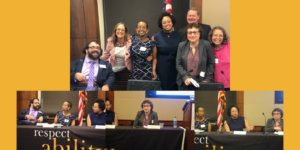 Image of self advocacy panelists smiling together and three separate images of panelists speaking