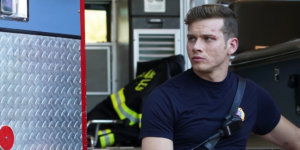 Oliver Stark on 9-1-1 sitting by a firetruck