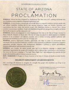 Proclamation from Arizona Governor Doug Ducey for Disability Employment Awareness month.