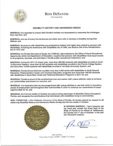 Proclamation from Florida Governor Ron DeSantis for Disability History and Awareness Weeks