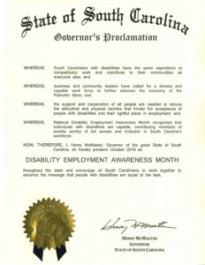 Proclamation for Disability Employment Awareness Month in South Carolina