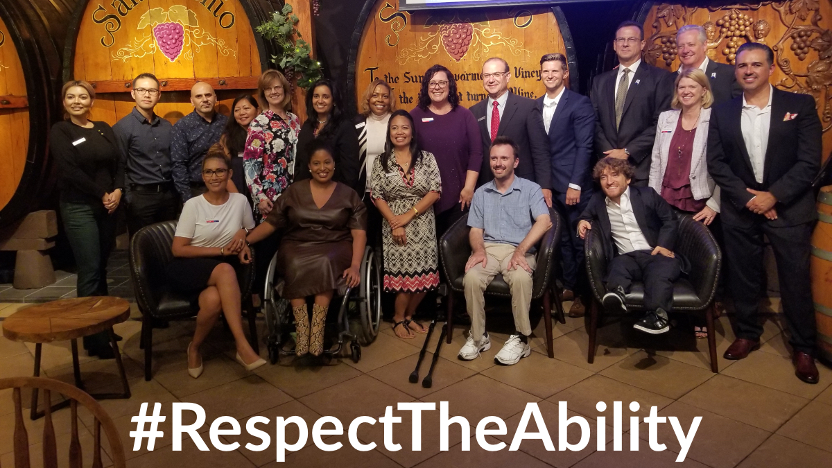 Speakers and guests at Bank of America's Southern California DAN event smiling together. Text: #RespectTheAbility