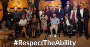 Speakers and guests at Bank of America's Southern California DAN event smiling together. Text: #RespectTheAbility