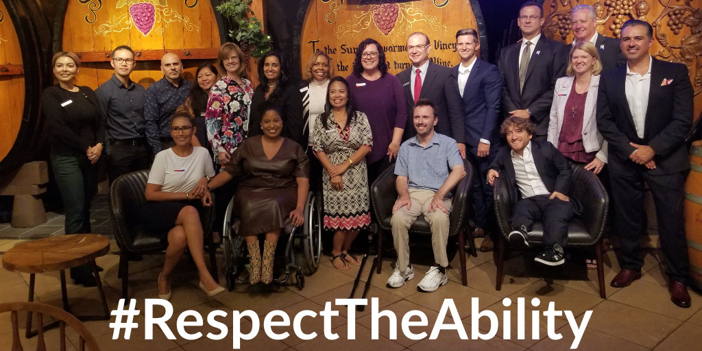 Speakers and guests at Bank of America's Southern California DAN event smiling together. Text: #RespectTheAbility