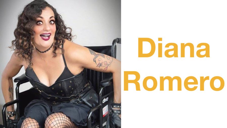 Filmmaker Diana Romero dressed in black, smiling. Romero is a wheelchair user. Text: Diana Romero