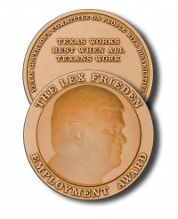 The Lex Frieden Employment Award medal, which says "Texas Works Best When All Texans Work".