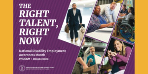 Five images of people with disabilities working. Text: The Right Talent, Right Now National Disability Employment Awareness Month #NDEAM dol.gov/odep