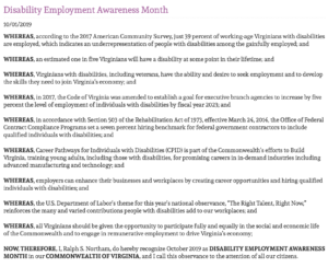 Disability Employment Awareness Month proclamation from Virginia