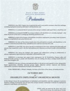 Proclamation from New Jersey Governor Murphy declaring October as Disability Employment Awareness Month