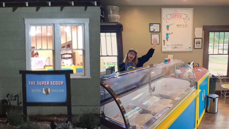 Photos of the outside of Edmond's Super Scoop and the inside of the ice cream shop with an employee waving and smiling at the camera