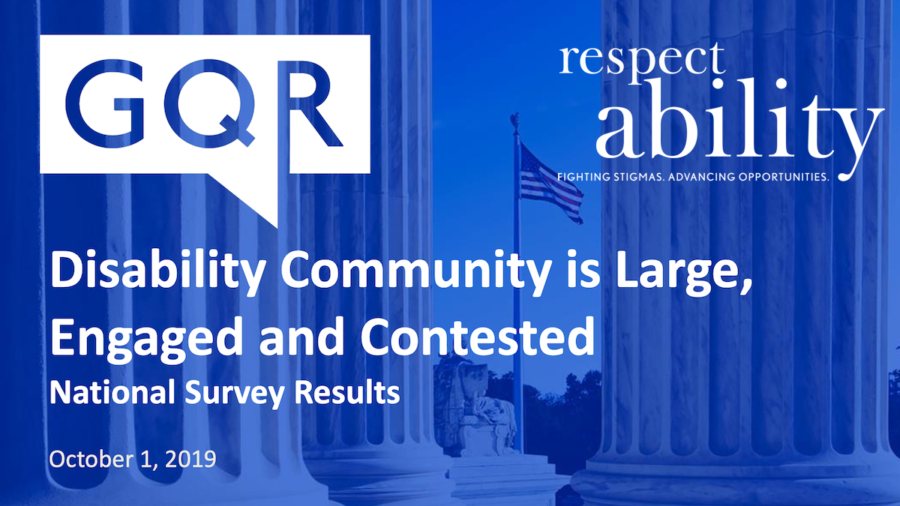 logos for GQR and RespectAbility. Text: Disability Community is Large, Engaged and Contested National Survey Results October 1 2019 Background image of an American flag from inside a memorial in D.C.