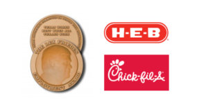Image of the Lex Frieden Employment Award medal, which says "Texas Works Best When All Texans Work". Logos for H-E-B and Chick-Fil-A