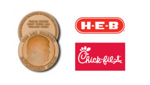 Image of the Lex Frieden Employment Award medal, which says "Texas Works Best When All Texans Work". Logos for H-E-B and Chick-Fil-A