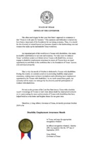 Texas Governor Greg Abbott's proclamation of Disability Employment Awareness Month 2019