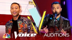 Photos of Will Breman singing on stage on The Voice and John Legend. Logos for NBC and The Voice. Text: Auditions