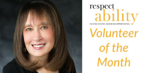 headshot of Vivian Bass smiling at the camera. RespectAbility logo. text: volunteer of the month