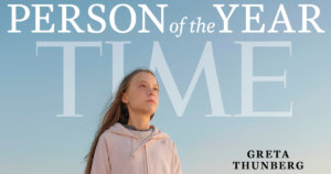 Cover of Time's Person of The Year Issue with Greta Thunberg in a pink sweatshirt in front of a blue sky