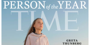 Cover of Time's Person of The Year Issue with Greta Thunberg in a pink sweatshirt in front of a blue sky