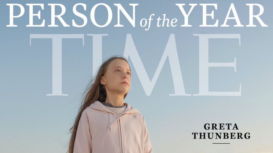 Cover of Time's Person of The Year Issue with Greta Thunberg in a pink sweatshirt in front of a blue sky