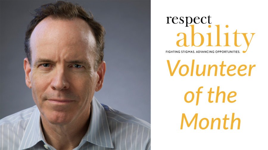 headshot of Jonathan Murray wearing a gray striped shirt and facing the camera. RespectAbility logo. text: volunteer of the month