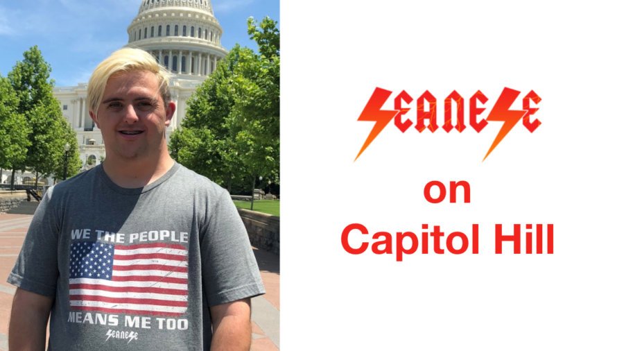 Sean McElwee wearing a shirt that says We The People Means Me Too with an American flag and the Seanese logo on it, standing in front of the Capitol dome. Logo for Seanese. Text: on Capitol Hill